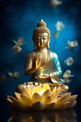 Obraz premium A golden buddha statue with candle and lotus flower on blue background