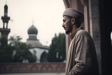Fototapeta na wymiar A muslim man looks out of mosque