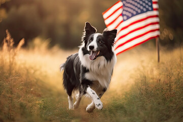 Fototapeta premium Border collie dog running outside carrying the American Flag.AI Generative
