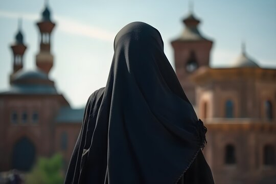 A Muslim woman in a black niqab outfit stands in a courtyard