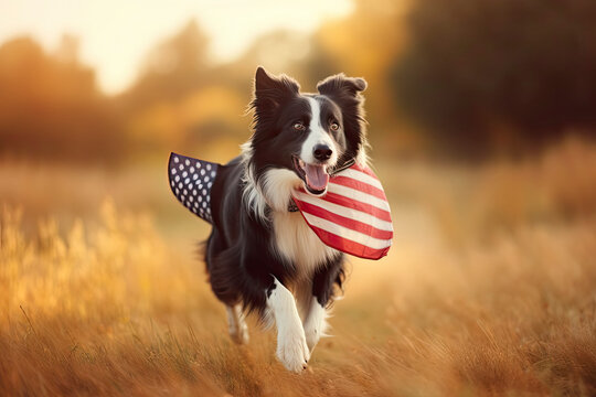 Border collie dog running outside carrying the American Flag.AI Generative