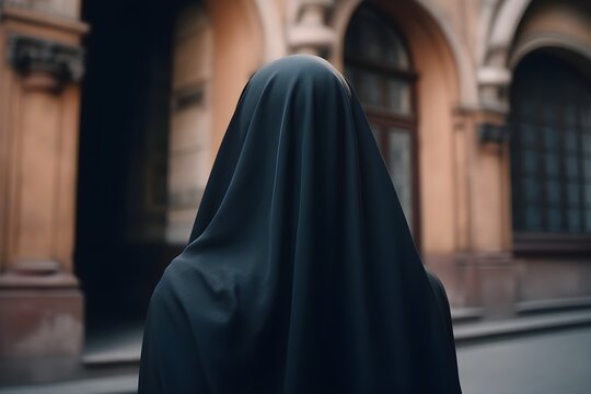 A Muslim woman in a black niqab outfit stands in a courtyard