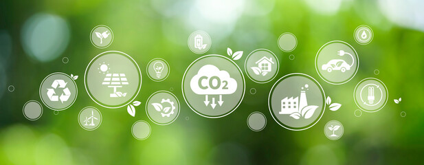 The concept of reduce co2 emission using clean energy and reduce climate change problem with relate icon on green environment background for web banner.	
 - obrazy, fototapety, plakaty
