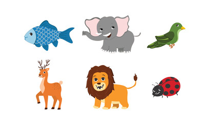 Cute wild animals set including fish, elephants, birds, deer, lions and beetles. Safari jungle animals vector. Woodland animal illustration.