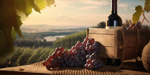 A bottle of red wine and grapes stand by an open window overlooking a beautiful landscape. Retro style.