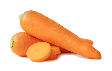 Two fresh orange carrots with slices in stack isolated on white background with clipping path. Close up of healthy vegetable root