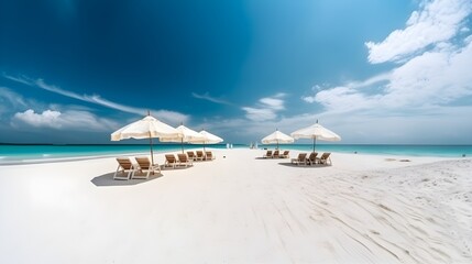 Beach chairs and umbrellas on a tropical beach