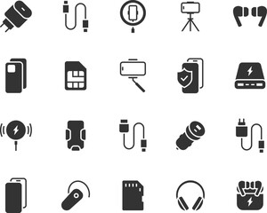 Vector set of mobile accessories flat icons. Contains icons charging, case, tripod, cable, headphones, sim card, power bank, bluetooth headset and more. Pixel perfect.