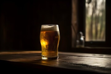 Beer in a glass on a wooden table