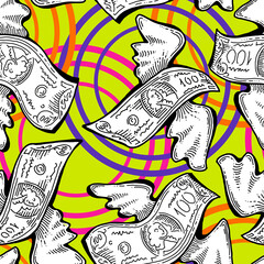 Money seamless pattern background for print design. Hundred dollars banknotes, a lot of cash for finance. economy, business theme for success. Hand drawn line illustration, cartoon style drawing.