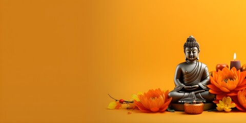 Buddha statue and lotus flower on orange background. Generative AI - obrazy, fototapety, plakaty
