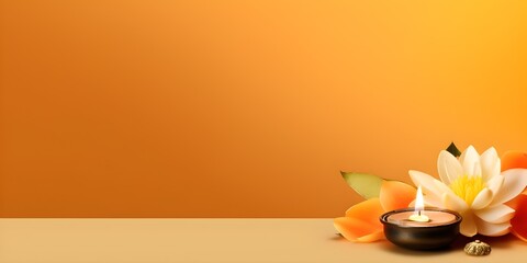 Buddha statue and lotus flower on orange background. Generative AI