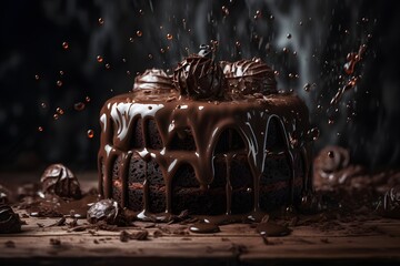 Chocolate cake with chocolate glaze on a dark background - obrazy, fototapety, plakaty