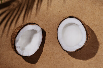 Summer tropical background with coconut and palm leaf shade.  Cracked coconut and palm leaf on beige background. Summer wallpaper.