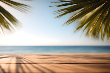 Obraz premium Wooden table in front of beautiful seascape & coconut tree background. For present your products. Summer Concept Generative AI.