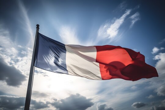 Flag of France waving in the wind against blue sky with white clouds. Generative AI