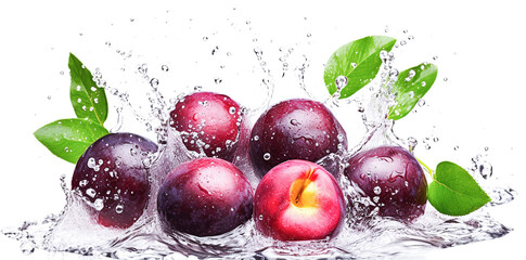Fototapeta na wymiar Ai generative. Fresh plums in water splash on white