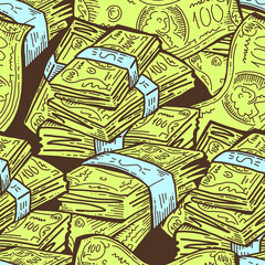Obraz premium Money seamless pattern background for print design. Hundred dollars banknotes, a lot of cash for finance. economy, business theme for success. Hand drawn line illustration, cartoon style drawing.