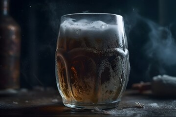 Mug of beer on a dark background with smoke. Generative AI