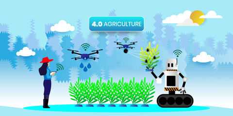 agriculture 4.0, Internet of Thing IoT and modern agricultural technology Concept With icons. Cartoon Vector People Illustration