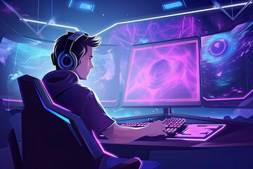 Young gamer playing at strategy online game - Male guy having fun gaming and streaming online.AI Generative