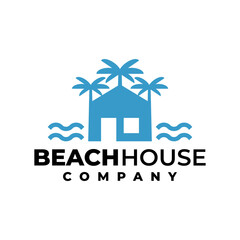 Fototapeta premium illustration of a house and a two palm trees for logo related to house, hotel, resort and a beach.