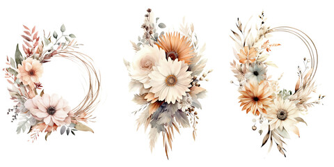 Neutral Blush Peach Tan Beige Watercolor Illustration Beautiful Isolated Flowers Floral Boho Decoration Clip Art Isolated Background for Wedding Baby Shower Invitations Greeting Card