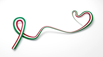 3d Flag Of Italy Heart Shaped Wavy Awareness Ribbon flag On White Background, 3d illustration