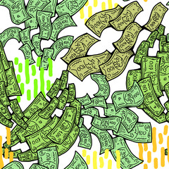 Money seamless pattern background for print design. Hundred dollars banknotes, a lot of cash for finance. economy, business theme for success. Hand drawn line illustration, cartoon style drawing.