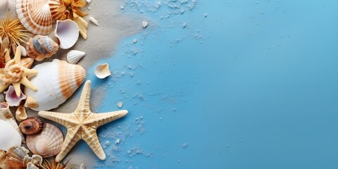 Fototapeta na wymiar Sea shells on a blue background with copyspace