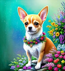 Cute puppy, chihuahua, bright floral background, Generative AI Art Illustration 03