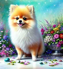 Obraz premium Cute puppy, Pomeranian Spitz, bright floral background, Generative AI Art Illustration 08