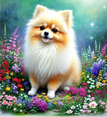 Fototapeta na wymiar Cute puppy, Pomeranian Spitz, bright floral background, Generative AI Art Illustration 06