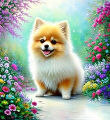 Fototapeta na wymiar Cute puppy, Pomeranian Spitz, bright floral background, Generative AI Art Illustration 01