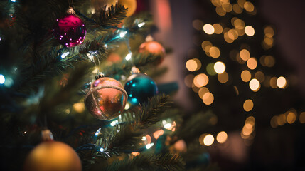 A close-up of a beautifully decorated Christmas tree with three generative AI