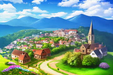 Obraz premium Asphalt road in Alps mountain village. Road trip concept.