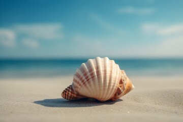 Fototapeta na wymiar Seashell on a sandy beach with a blue sky in the background