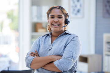 Woman, call center headset and smile with arms crossed for telemarketing, crm or sales success....