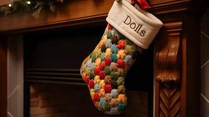 A close-up of a Christmas stocking hanging on a mantel wi three generative AI