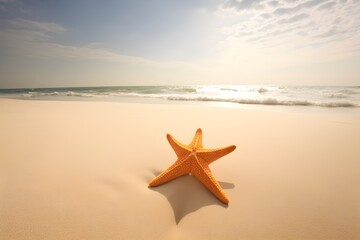Fototapeta na wymiar Starfish on the beach with the sky in the background