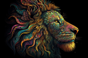 Animal illustration of a lion face with fractal neon pop style.AI Generative