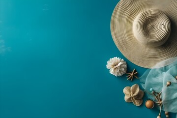 Summer background with sunhat, seashells and starfish on blue background - obrazy, fototapety, plakaty