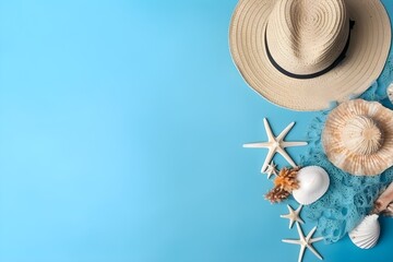 Summer background with sunhat, seashells and starfish on blue background - obrazy, fototapety, plakaty