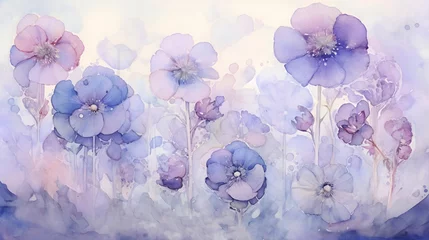 Printed kitchen splashbacks purple Watercolor flower field with flowers. Floral dreamy landscape nature background. Botanical AI illustration. For wallpaper, cards.