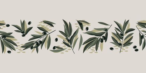 Olive border seamless pattern. Vector vintage band. Hand drawn texture branch, green fruit, graphic leaves on white background.