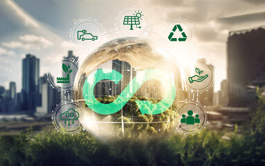 Virtual globe with circular economy icons on natural and city background , Circular economy is sustainable business development in the future by use AI generative technique.