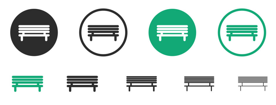 Garden wooden bench icon vector set. Park bench seat line signs.