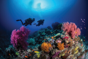 Fototapeta premium Two scuba divers diving in front of colorful and coral reef