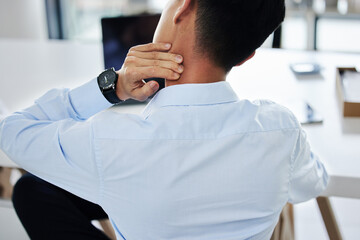 Man, back and neck pain in office, burnout and stress injury with wellness problem with hand for...