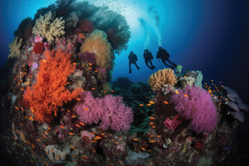 Naklejka na ściany i meble Two scuba divers diving in front of colorful and coral reef